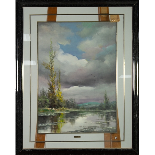 186 - SABATE (TWENTIETH CENTURY) OIL ON GLASS PANEL Riverscape Signed 27” x 19 ½” (68.6cm x 49.5cm)... 