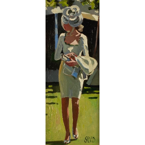 187 - SHEREE VALENTINE DAINES (1959) OIL ON BOARD ‘Ascot Chic’ Signed with initials, titled to gallery lab... 