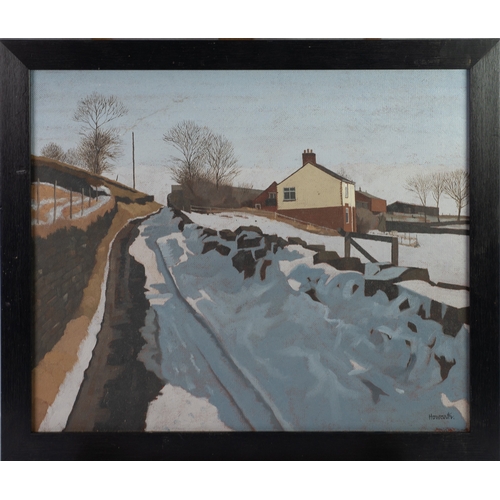 60 - RUSSELL HOWARTH (1927-2020)OIL ON BOARD 'Crib Lane, Dobcross', under snow Signed lower right 14 1/2