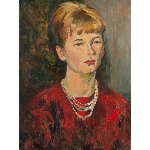 94 - EM (initialled) (TWENTIETH CENTURY)OIL ON BOARD Portrait of a lady seated wearing a red dress Signed... 