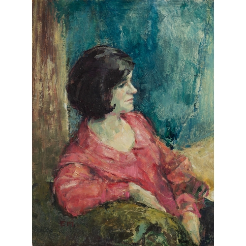 94 - EM (initialled) (TWENTIETH CENTURY)OIL ON BOARD Portrait of a lady seated wearing a red dress Signed... 