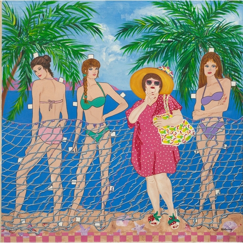 142 - JANET MAUD ROTENBERG (1956-2007)OIL ON CANVAS Beach scene with plus-sized woman flanked by cut out f... 