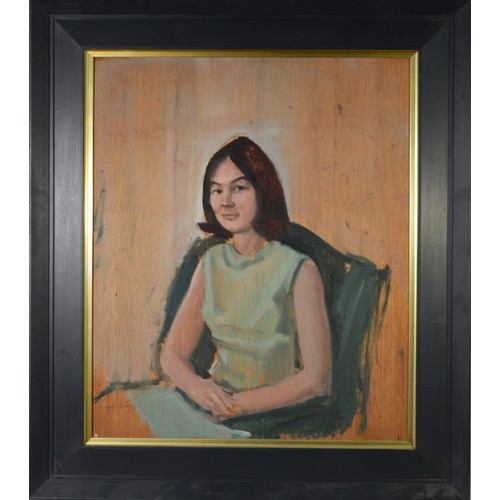 143 - HARRY RUTHERFORD (1903 - 1985) OIL PAINTING ON BOARD Portrait of a young lady seated wearing a green... 