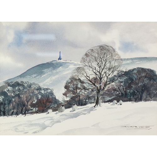 21 - DONALD CROSSLEY (1932-2014) PAIR OF WATERCOLOURSViews of Stoodley Pike in the snowSigned 11” x 15” (... 