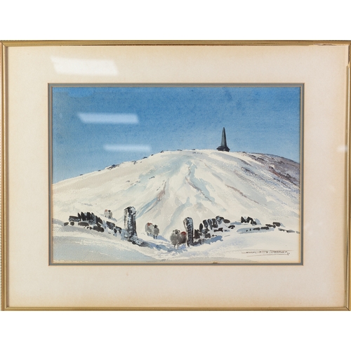 21 - DONALD CROSSLEY (1932-2014) PAIR OF WATERCOLOURSViews of Stoodley Pike in the snowSigned 11” x 15” (... 