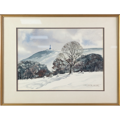 21 - DONALD CROSSLEY (1932-2014) PAIR OF WATERCOLOURSViews of Stoodley Pike in the snowSigned 11” x 15” (... 