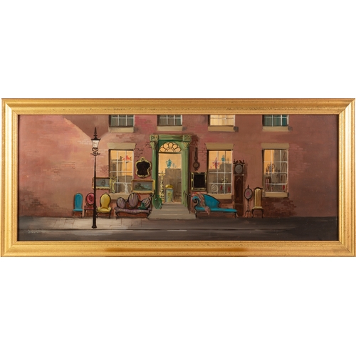 75 - DEBORAH JONES (1921-2012)OIL ON BOARD The Antique ShopSigned 11 ¾” x 30” (29.9cm x 76.2cm)... 