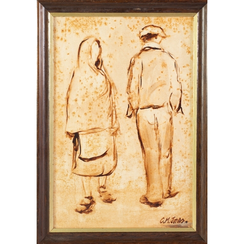 74 - CHARLES M JONES (1923-2008)SEPIA OIL ON BOARD Two figures from the back Signed 12 ½” x 8 ¼” (31.7cm ... 