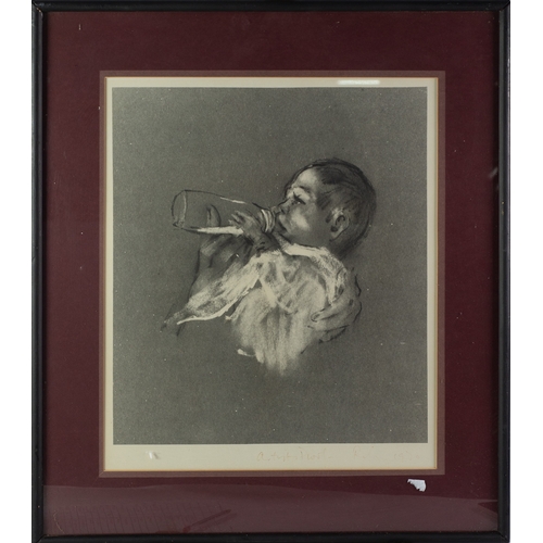 138 - HAROLD RILEY (1934-2023) SIGNED ARTIST PROOF BLACK AND WHITE PRINTBaby drinking from a bottle, (1970... 