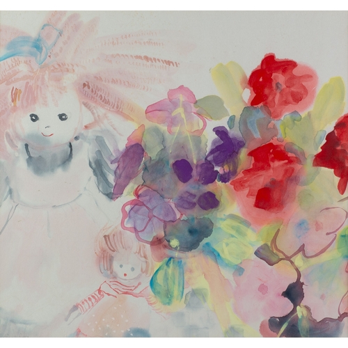 169 - GILLIAN ROSS (MODERN) WATERCOLOUR Dolls and flowers Signed 16 ¾” x 17 ¾” (42.5cm x 45.1cm)... 