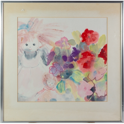 169 - GILLIAN ROSS (MODERN) WATERCOLOUR Dolls and flowers Signed 16 ¾” x 17 ¾” (42.5cm x 45.1cm)... 