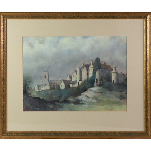 16 - TOM BROWN (1933-2017) PASTEL Ashton Parish Church and Castle Buildings Unsigned 13 ½” x 18 ½” (34.3c... 