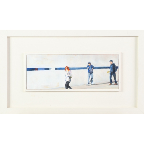 66 - IAN JARMAN (1955-2018) OIL ON BOARD ‘Skateboarders’ Signed, titled verso4 ½” x 11 ¾” (11.4cm x 29.8c... 