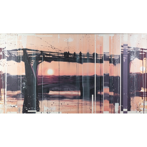 176 - KRIS HARDY (1978) MIXED MEDIA ON CANVAS‘Millennium Bridge at Sunset’ Signed 24” x 44” (61cm x 111.7c... 