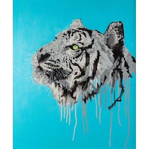 188 - STEPHEN FORD (MODERN) MIXED MEDIA ON PANEL‘Tiger (on light blue) Study’ Signed, titled and dated 202... 