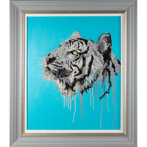 188 - STEPHEN FORD (MODERN) MIXED MEDIA ON PANEL‘Tiger (on light blue) Study’ Signed, titled and dated 202... 