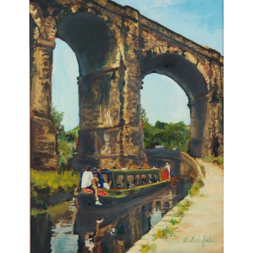 146 - DAVID SCHOFIELD (TWENTIETH CENTURY) OIL PAINTING‘Moonraker at the Viaduct’ Signed, titled to label v... 