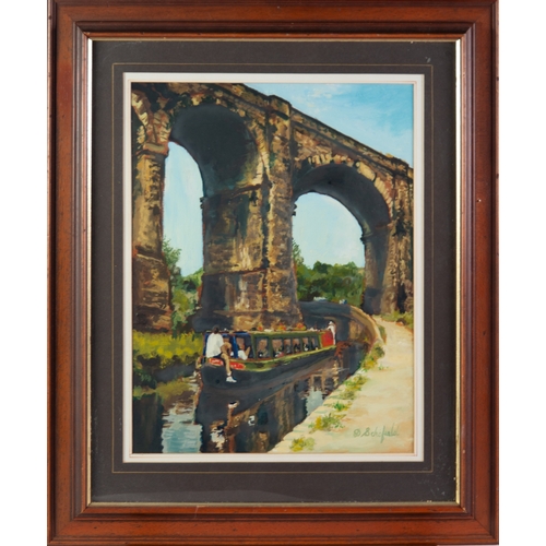 146 - DAVID SCHOFIELD (TWENTIETH CENTURY) OIL PAINTING‘Moonraker at the Viaduct’ Signed, titled to label v... 