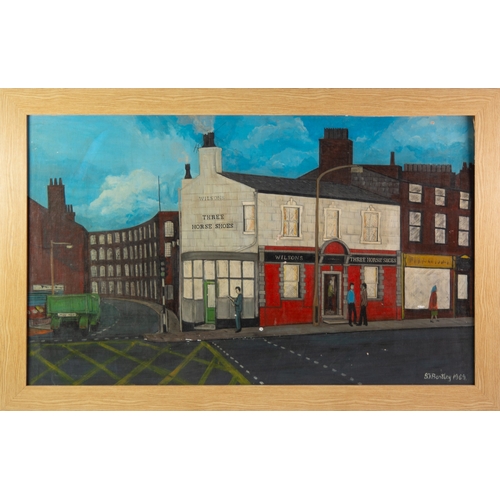 6 - STEVE BENTLEY (1949) OIL ON BOARD ‘The Three Horse Shoes’, corner of Shaw and Huddersfield Road Sign... 