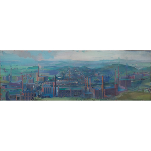 76 - WALTER KERSHAW (b.1940) OIL ON BOARD Industrial Landscape centred around Shaw, Oldham, featuring the... 