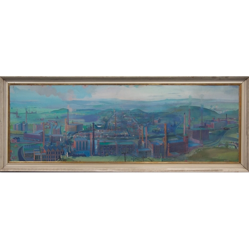 76 - WALTER KERSHAW (b.1940) OIL ON BOARD Industrial Landscape centred around Shaw, Oldham, featuring the... 