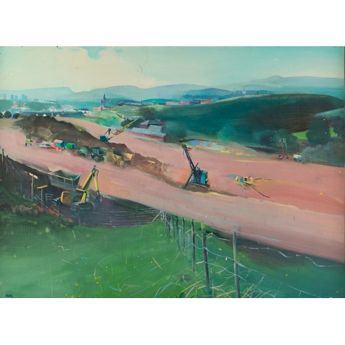 77 - WALTER KERSHAW (1940) OIL ON BOARD Construction of the M62 motorway near Rakewood Initialled lower l... 