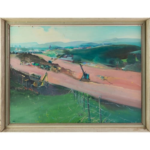 77 - WALTER KERSHAW (1940) OIL ON BOARD Construction of the M62 motorway near Rakewood Initialled lower l... 