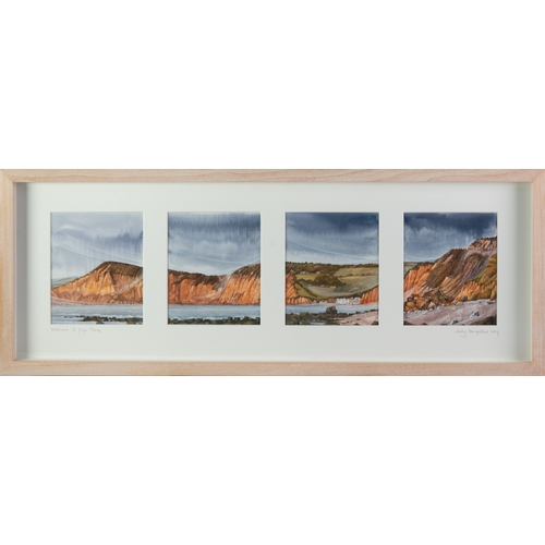 51 - JUDY HEMPSTEAD (TWENTIETH CENTURY) SUITE OF FOUR WATERCOLOURS ‘Westward to High Peak’ Signed, tilted... 