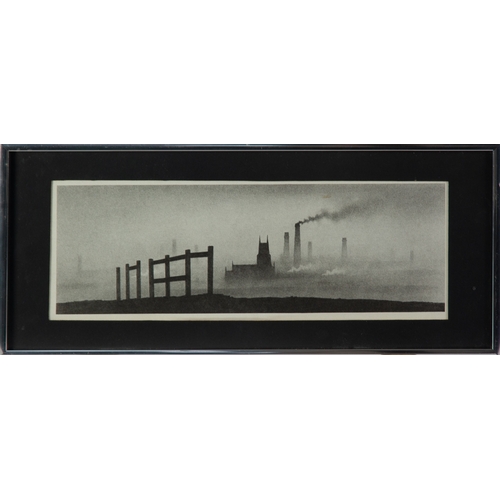 39 - AFTER TREVOR GRIMSHAW BLACK AND WHITE PRINT OF A PENCIL DRAWINGIndustrial scene with church and chim... 