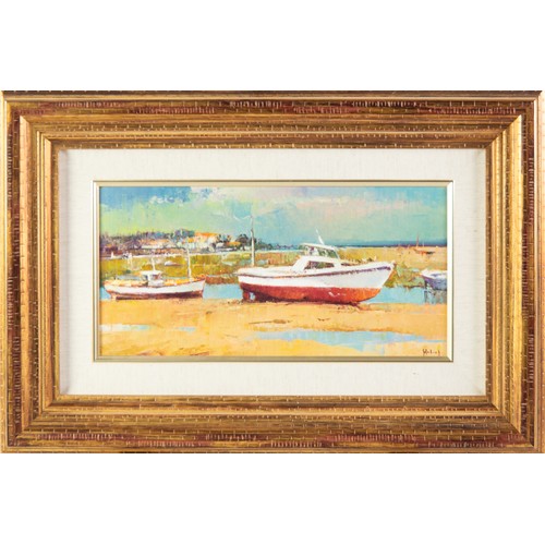 171 - HELIOS (1948) OIL ON BOARD Harbour scene with moored boatsSigned 7 ½” x 15 ¼” (19cm x 38.7cm)... 