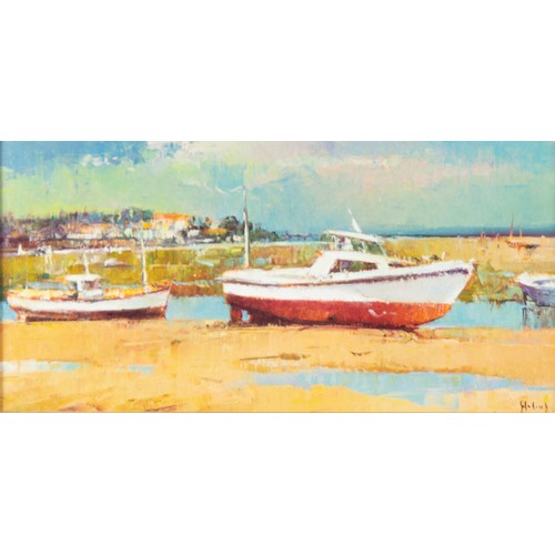 171 - HELIOS (1948) OIL ON BOARD Harbour scene with moored boatsSigned 7 ½” x 15 ¼” (19cm x 38.7cm)... 