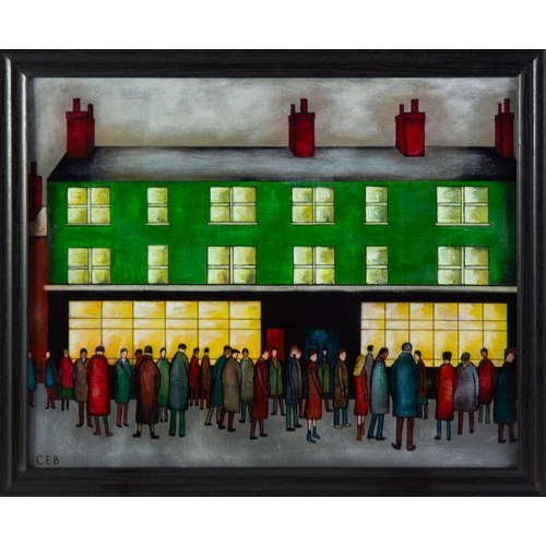 4 - CHRISTOPHER BARROW (1974)ACRYLIC ON BOARD‘Outside the Pub’Signed and titled verso15 ¾” x 19 ¾” (40cm... 