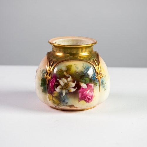 95 - EARLY TWENTIETH CENTURY ROYAL WORCESTER BLUSH PORCELAIN VASE, of squat. Footed form, painted with su... 