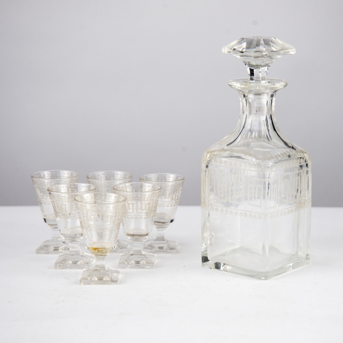 233 - NINETEENTH CENTURY SQUARE GLASS SMALL DECANTER AND STOPPER AND THE MATCHING SET OF SIX TOT GLASSES, ... 