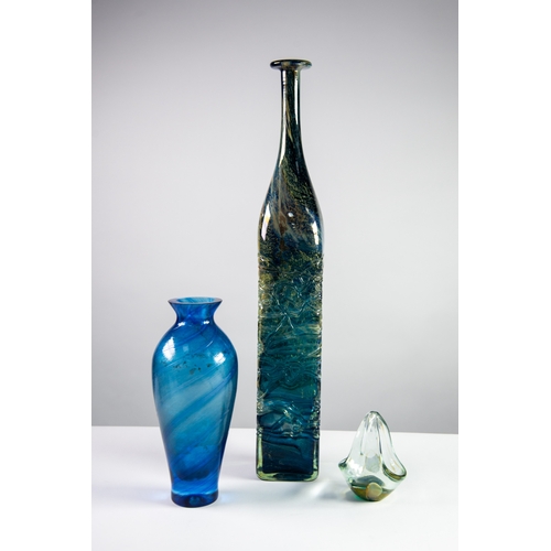 20 - ARTIST SIGNED MDINA GLASS ORNMANET, modelled as a tall, square bottle and worked in tones of blue an... 