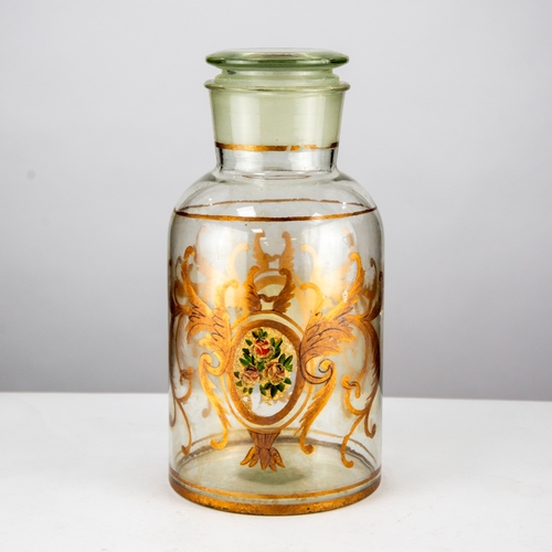 221 - FRENCH 19TH CENTURY GLASS APOTHECARY JAR AND STOPPER, painted on opposing sides in oval reserves wit... 