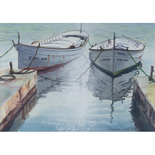 198 - BENJAMIN SMITH? (TWENTIETH CENTURY)WATERCOLOUR Two moored harbour rowing boats Signed and dated (19)... 