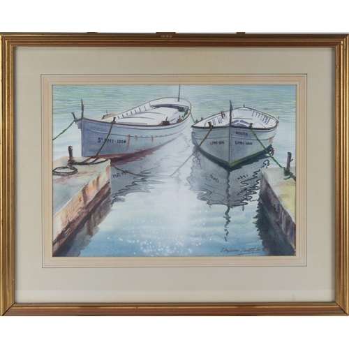 198 - BENJAMIN SMITH? (TWENTIETH CENTURY)WATERCOLOUR Two moored harbour rowing boats Signed and dated (19)... 