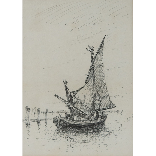 200 - CLARA FREDERICA MONTALBA (1842-1929)PEN AND INK River Barge Signed and dated (18)81, bears hand writ... 