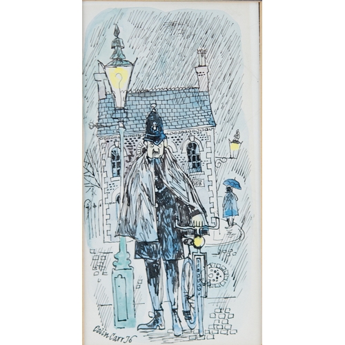 201 - COLIN CARR (1929-2002) PEN AND WASH Policeman standing with a bicycle in the rainSigned and dated (1... 