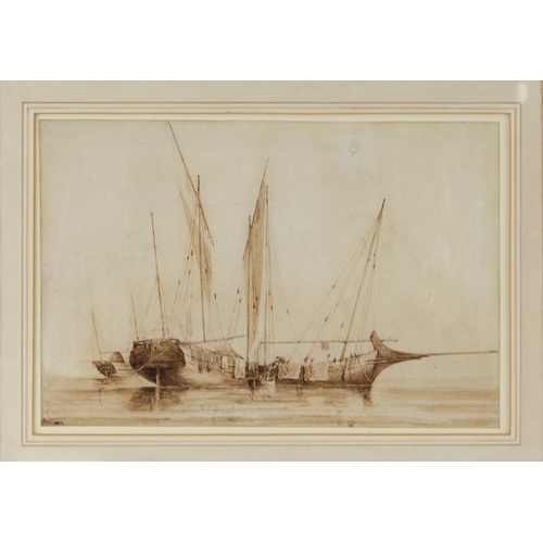 202 - UNATTRIBUTED (NINETEENTH CENTURY) SEPIA WATERCOLOURSailing ships on calm waterInitialled J H, indist... 