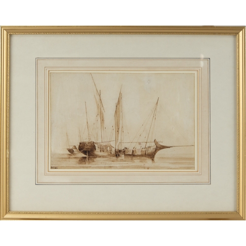 202 - UNATTRIBUTED (NINETEENTH CENTURY) SEPIA WATERCOLOURSailing ships on calm waterInitialled J H, indist... 