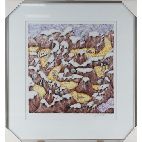 280 - RAIMONDO CARDELLI? (1938-2008) ARTIST SIGNED COLOUR PRINT Imaginary landscape with figures17 ¾” x 16... 