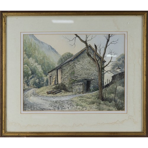 194 - JIM INGHAM RILEY (1928) FOUR WATERCOLOURS Lakeland view Stone barn‘Waterfalls at Hargs. Rath Beck’‘L... 