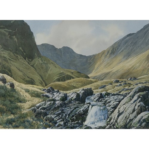 194 - JIM INGHAM RILEY (1928) FOUR WATERCOLOURS Lakeland view Stone barn‘Waterfalls at Hargs. Rath Beck’‘L... 