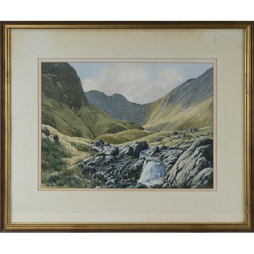 194 - JIM INGHAM RILEY (1928) FOUR WATERCOLOURS Lakeland view Stone barn‘Waterfalls at Hargs. Rath Beck’‘L... 