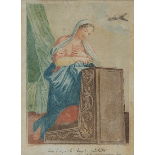 284 - ANTIQUE COLOURED ENGRAVING Religious female figure at prayer with Latin text beneath8 ½” x 6 ¼” (21.... 