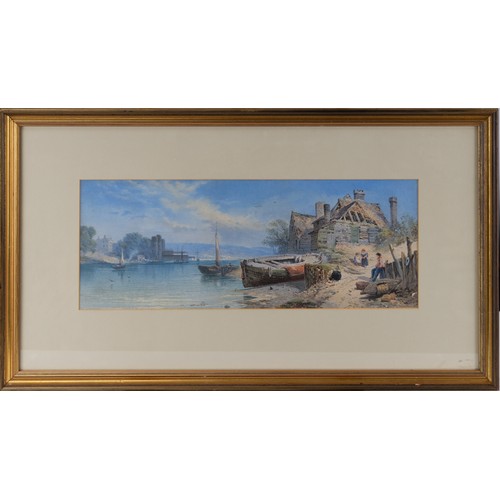 228 - J F ANDERSON (EARLY TWENTIETH CENTURY)WATERCOLOUR Coastal scene with moored rowing boat and fishing ... 