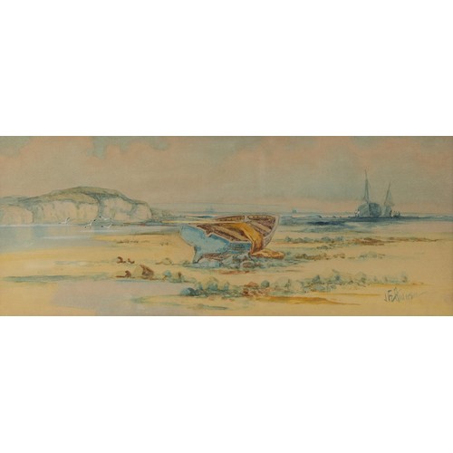 228 - J F ANDERSON (EARLY TWENTIETH CENTURY)WATERCOLOUR Coastal scene with moored rowing boat and fishing ... 