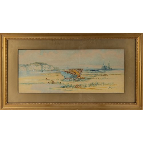 228 - J F ANDERSON (EARLY TWENTIETH CENTURY)WATERCOLOUR Coastal scene with moored rowing boat and fishing ... 